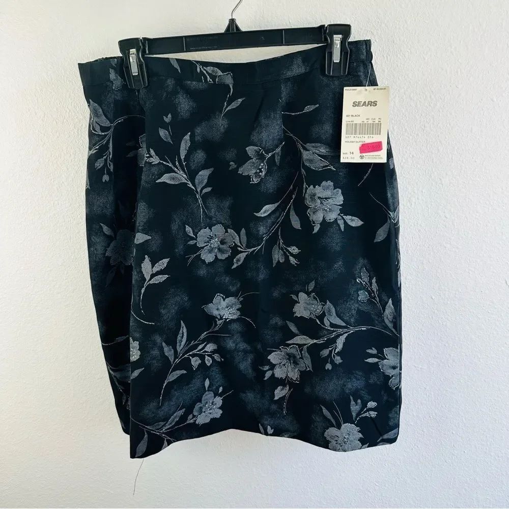 Laura Scott VTG Black Silver Floral Lined Pencil Skirt Size 14 NWT‎